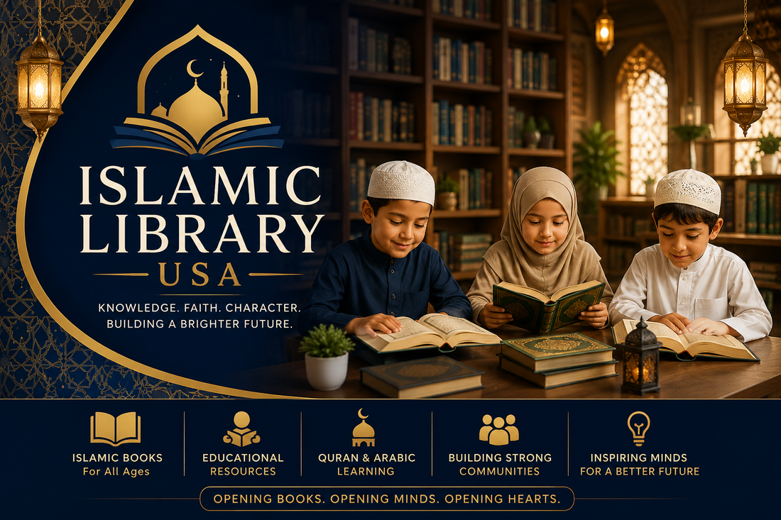 Young Muslim children reading Islamic books in a modern library while learning about faith, knowledge, and personal development