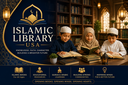 Young Muslim children reading Islamic books in a modern library while learning about faith, knowledge, and personal development